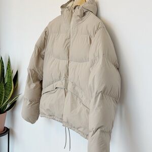 Saturdays NYC Men's Beige Hooded Puffer Jacket, Size Medium